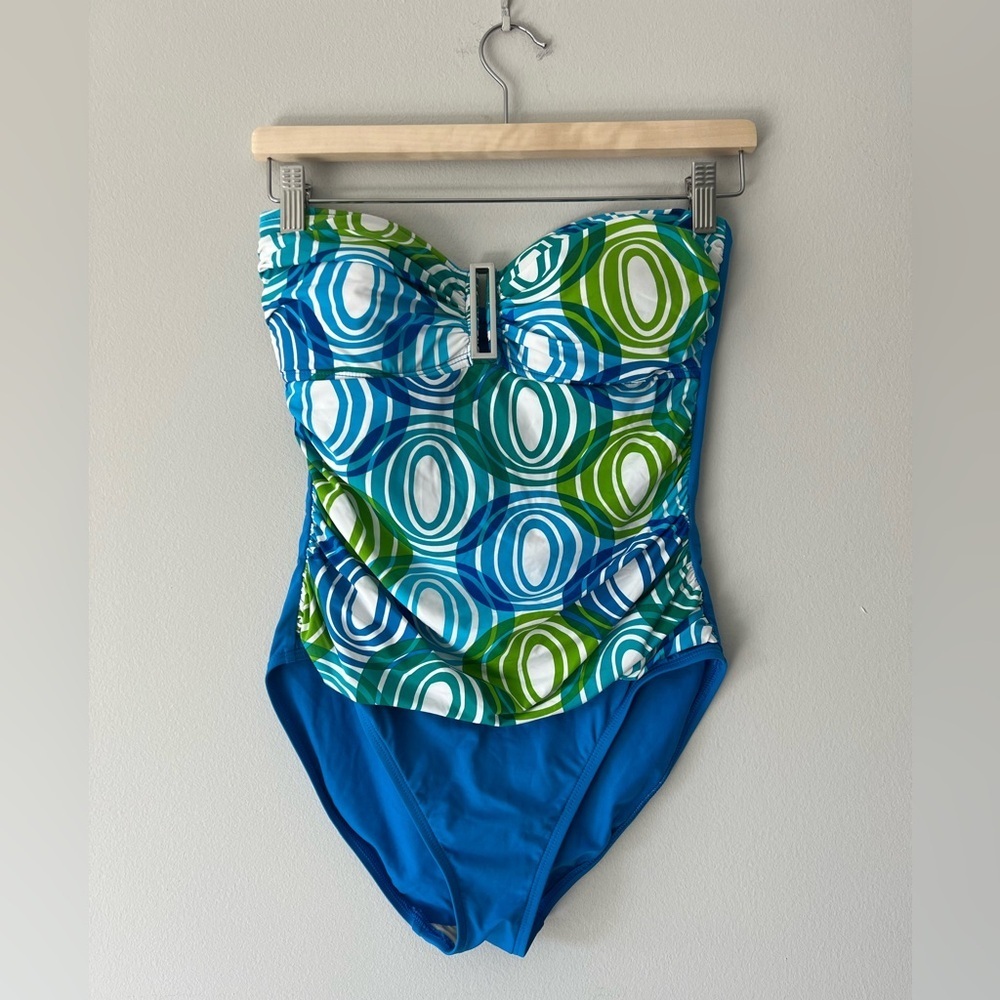 La Blanca Size 10 One-Piece Swimsuit – Retro Blue & Green Print Strapless